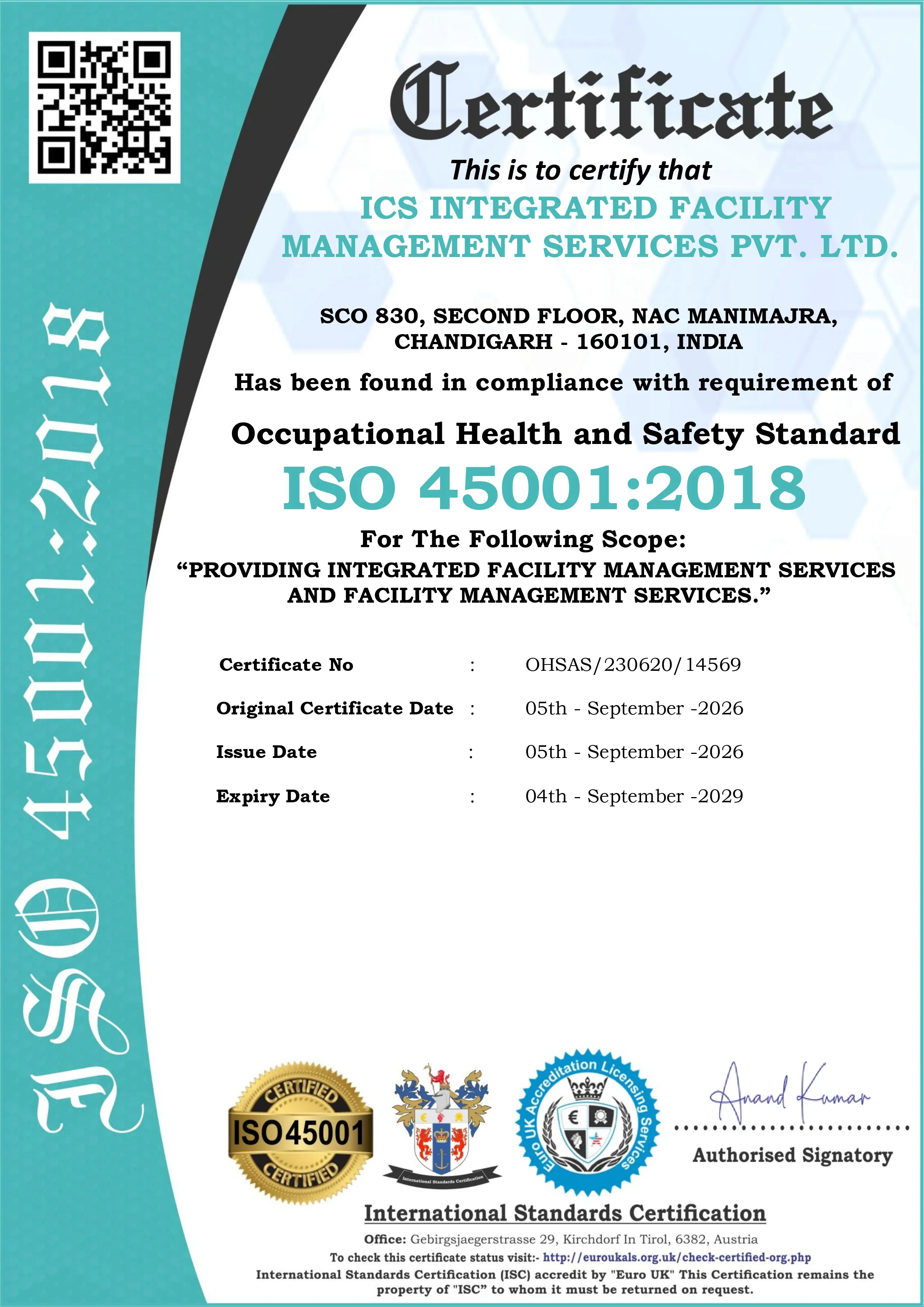 ICS ISO 45001 occupational health and safety certificate